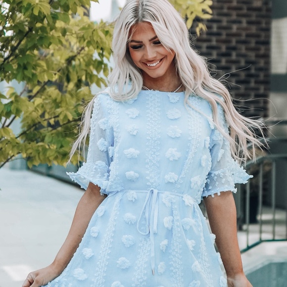 Sky Blue Crew Neck Swiss Dot Mini Dress – Size M - Picture 4 of 6